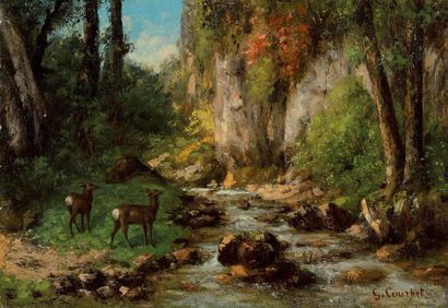CHERUBINO PATA (1827-1899) Biches en bord de rivière Sur sa toile d'origine Signé...