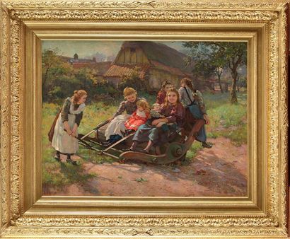 Émile BOUZIN (1870-?) Le jeu de la balançoire (sur un vieux rouleau agricole) Huile...