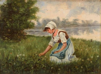 L. NIQUET (XIX) Jeune paysanne en bord de rivière Sur sa toile d'origine Signé en...