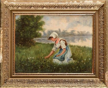 L. NIQUET (XIX) Jeune paysanne en bord de rivière Sur sa toile d'origine Signé en...