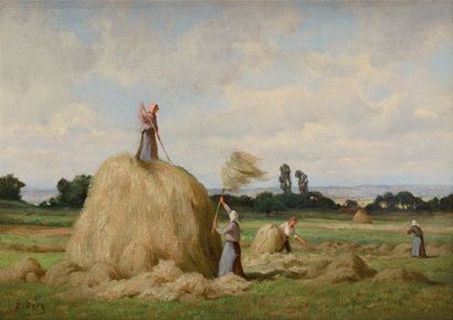 EUGÈNE DEVE (1826-1887) Paysannes à Galluis (Yvelines) faisant une meule Sur sa toile...