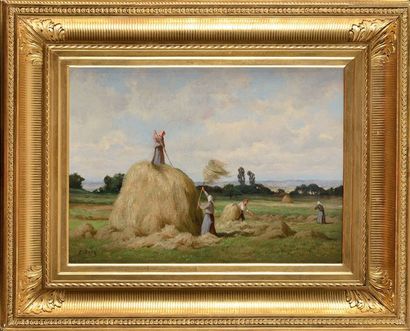 EUGÈNE DEVE (1826-1887) Paysannes à Galluis (Yvelines) faisant une meule Sur sa toile...