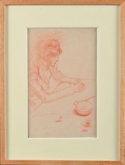 Hippolyte PETIT JEAN (1854-1929) Femme attablée Sanguine Cachet d'atelier en bas...