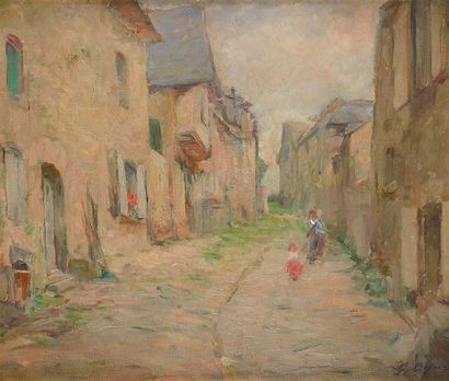 Gennaro BEFANI (1866 -?) Femme et enfant dans un village Sur sa toile d'origine Signé...