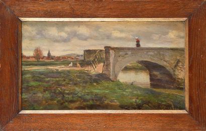 Emile MARTEL (XIX-XX) Promenade sur le pont Huile sur panneau Signé en bas à droite...