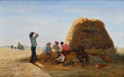 Nicolas BERTHON (1831-1888) Le repos des moissonneurs Sur sa toile d'origine Signé...
