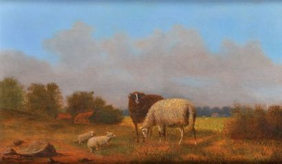 Ferdinand BONHEUR (1817-1887) Moutons aux prés Huile sur panneau Signé et daté 1871...