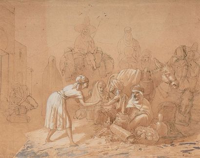 Charles VALFORT (XIXème) Marché à Constantine Encre, lavis et gouache sur papier...