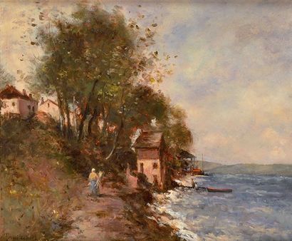 Paul Désiré TROUILLEBERT (1829-1900) Maison de pêcheur au bord du lac Léman, à Saint-Gingolph...