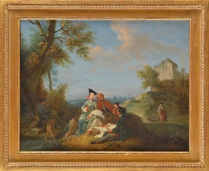 ECOLE FRANCAISE vers 1800, suiveur d'OCTAVIEN Scène galante Huile sur toile 37,5...