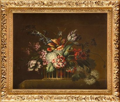 Dans le goût de Nicolas RICOEUR Bouquet de fleurs dans une corbeille Toile 50 x 61...