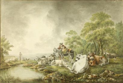 École HOLLANDAISE vers 1800 Scène pastorale Plume et encre de chine, aquarelle 35,7...
