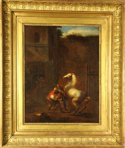 École FLAMANDE du XVIIIème siècle Le Maréchal-Ferrant Huile sur toile 46 x 36 cm