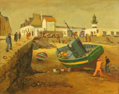 Maurice LEMAITRE (1860-1926) Scène de port à marée-basse Huile sur toile signée en...