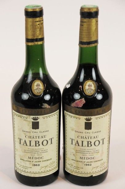 null Château TALBOT Médoc 1962 2 bouteilles 1 bon niveau, 1 base goulot, étiquettes...