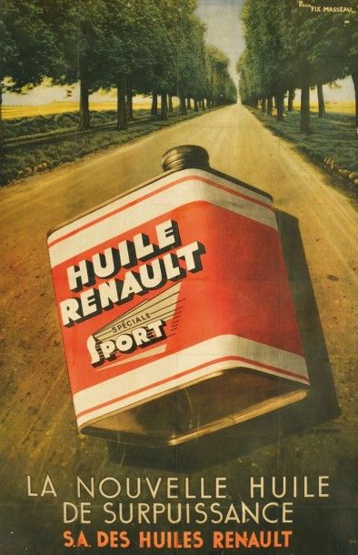 MASSEAU Pierre Felix Masseau dit Fix (1869-1937) «Huile Renault, Spécial Sport» Affiche...