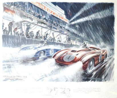 HAM Géo (Georges Hamel, 1900-1972) «Les 24 Heures du Mans 1954» La Ferrari de Gonzalez...