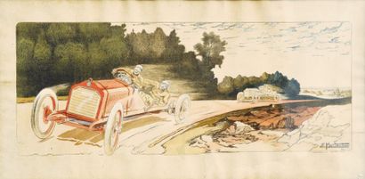 MONTAUT Ernest (1879 ? 1909) «Circuit des Ardennes Belges 1906» Lithographie en couleur,...