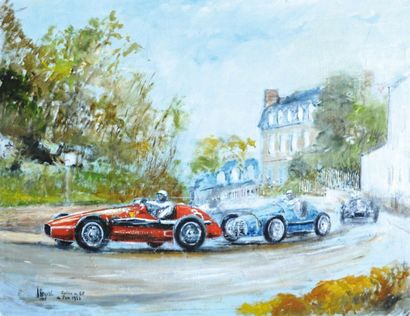 DULERY-RAYVAL Jacques, (né en 1926) "Farina au Grand Prix de Pau 1953" Huile sur...