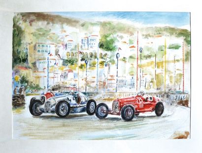 Attribué à DULERY-RAYVAL Jacques, (né en 1926) "Grand Prix de Monaco 1935" Aquarelle...