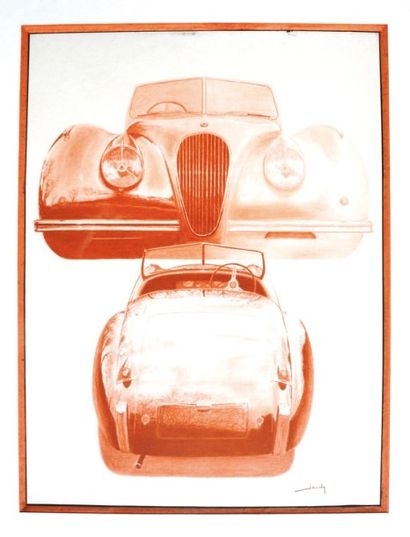 JEUDY Didier (Né en 1950) «Jaguar XK 120» Sanguine signée en bas à droite. Roadster...
