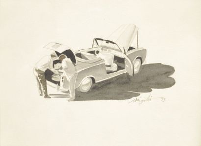 MIRGALET Alain, (Né en 1950) "Cabriolet Peugeot 403" Lavis signé au crayon et daté...