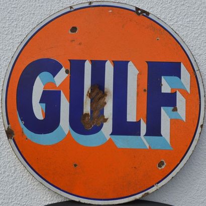 null «Gulf» Plaque émaillée Gulf, double face, diam 76 cm, mauvais état.