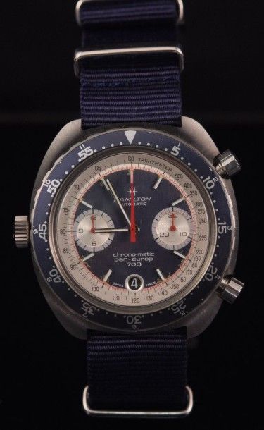 HAMILTON Pan-Europ N° 11003-3, vers 1970. Chronographe bracelet en acier. Boîtier...