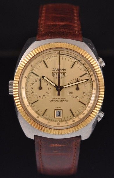 HEUER Jarama Vers 1970. Rare chronographe bracelet en acier. Boîtier tonneau, fond...