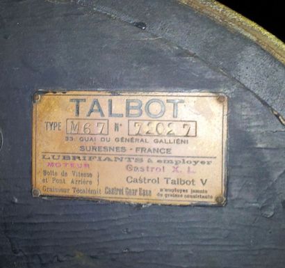 1929 TALBOT 11 Six - M67 Tourer Sport 4 Places par Saoutchik 
N° série 72.027 
Carte...