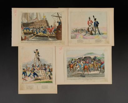 null Caricatures allemandes Waterloo-Ile d'Elbe Ensemble de quatorze gravures aquarellées....