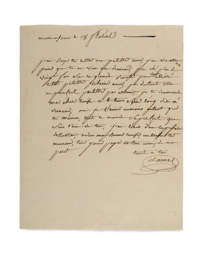 LANNES (Jean) Lettre autographe signée «Lannes» à son épouse Louise Guéhenneuc. Malmaison,...