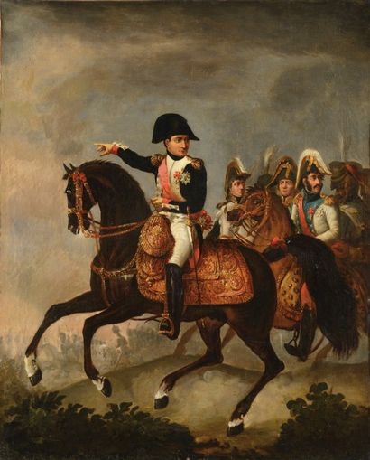 Ecole du début du XIXème siècle "Napoléon Ier à cheval suivi de son Etat-Major" Huile...