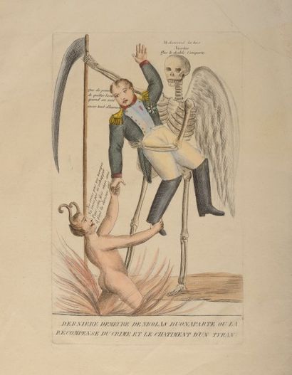 null Caricature. Gravure aquarellée représentant Napoléon déposé par la Mort dans...