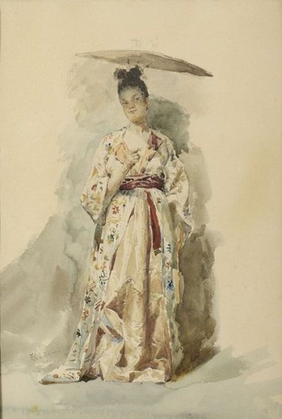 Edoardo NAVONE (1844-1912) La chinoise à l'ombrelle Aquarelle Monogrammé, situé à...