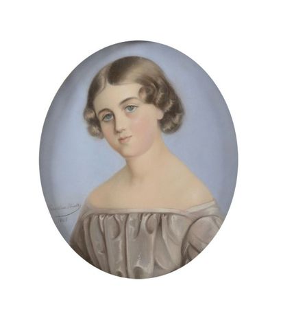 Ernestine HUET ( 1835 - 1890 ) Jeune fille en buste Pastel à vue ovale Signé et daté...