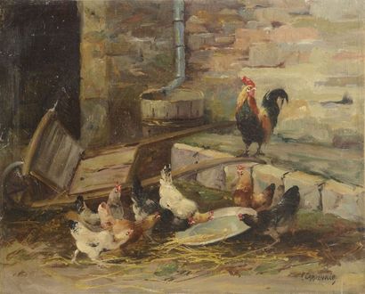 Edmond VAN COPPENOLLE (c.1843/46-1915) Poulailler Huile sur toile Signé en bas à...