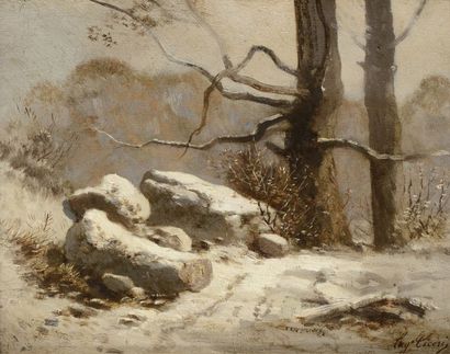 Eugène CICERI (1813 -1890) Sous bois enneigés en forêt de Fontainebleau Huile sur...
