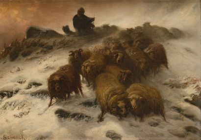 August Friedrich SCHENCK (1828-1901) Troupeau de moutons dans la tempête Huile sur...