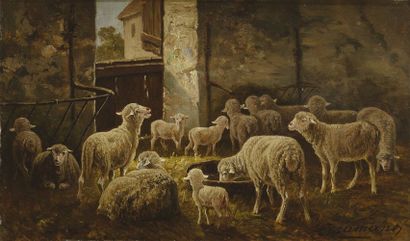 Charles Ferdinand CERAMANO (1829-1909) Moutons à la bergerie Huile sur panneau Signé...