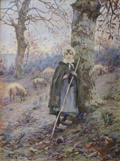 Numa-François GILLET (1868-1940) La gardienne de cochons Sur sa toile d'origine Signé...