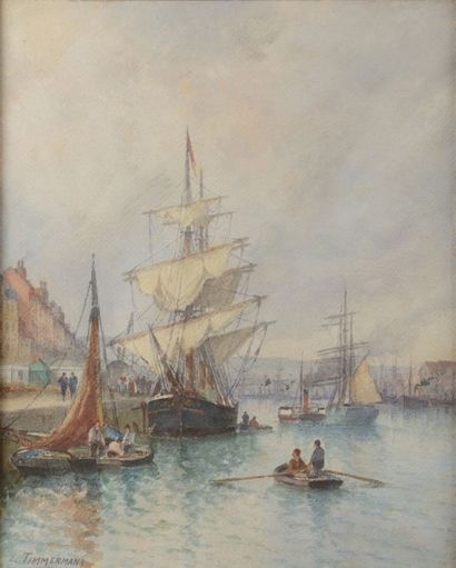 Louis Étienne TIMMERMANS ( 1846 - 1910 ) Le Port Aquarelle Signé en bas à droite...