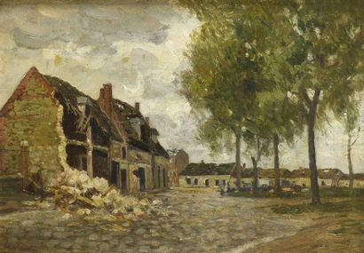 Narcisse GUILBERT (1878-1942) Tilloloy, route de Lille Huile sur panneau Signé en...