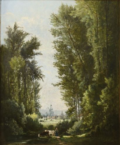 Emile Charles Lambinet (1815-1877) Paysanne et ses vaches en lisière de forêt Huile...