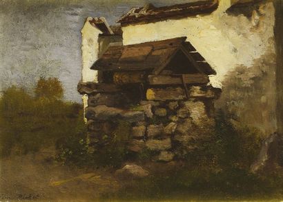 LEON RICHET (1847-1907) Le puit devant la maison Sur sa toile d'origine Signé en...