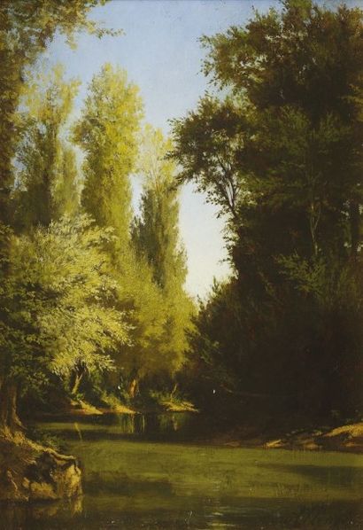 Auguste ALLONGE (1833-1898) Paysage à la mare Huile sur panneau Signé en bas à droite...