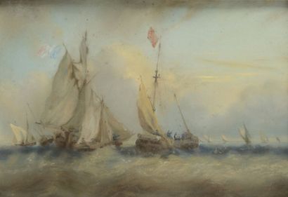 Eugène ISABEY ( 1804 - 1886 ) Bateaux en mer Pastel Trace de signature en bas à droite...