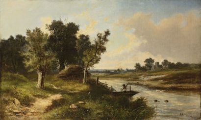 Abraham II HULK (1851-1922) Paysage à la rivière Huile sur toile Signé en bas à gauche...