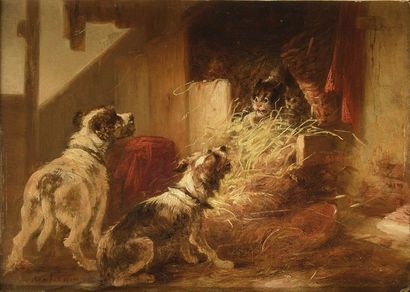 Zacharie NOTERMAN (c.1820-1890) Chiens effrayant un chat Huile sur panneau Signé...