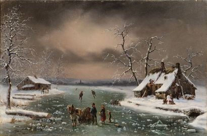 Louis Claude MALBRANCHE (Caen, 1790 - 1838) Village en bord de rivière gelée Sur...